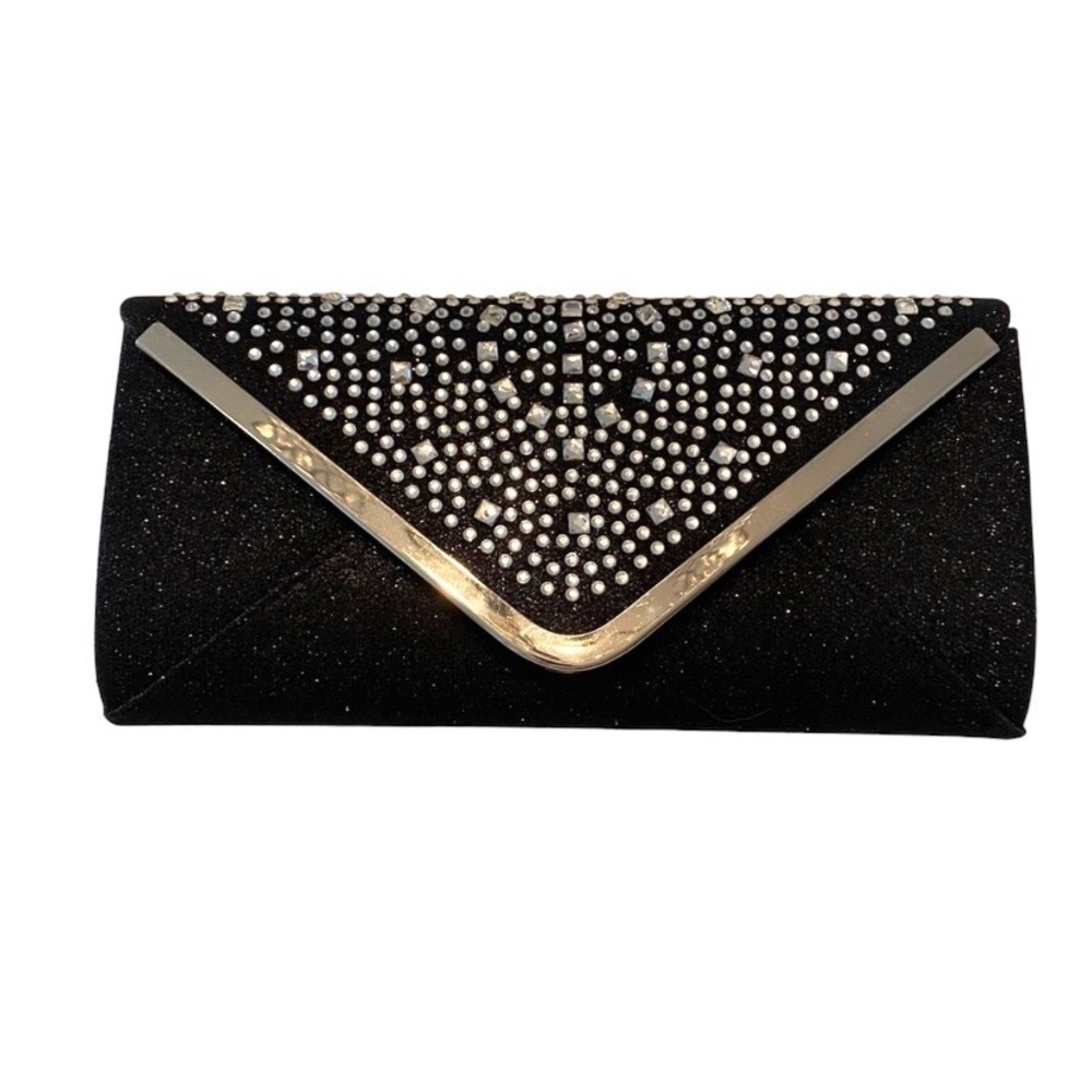 Black Shimmer Evening Clutch Bag with Silver Toned Chain Strap